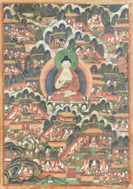 A thangka with scenes from the life of Buddha, Tibet or Mongolia, 18/19th C.